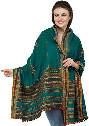 Exotic India Shawl from Kutch with Embroidered Bootis and Mirrors - Wool - color: Everglade