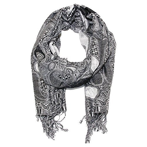 Falari Women's Reversible Paisley Pashmina Shawl Wrap Scarf For Evening Dresses Festivals Any Occasions All Seasons 80"x27" - color: Style 2 - Black Grey White