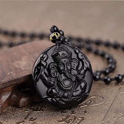 Black Obsidian Necklace Natural Crystal Amulet Protection Pendant with Adjustable Rope Lucky Talisman Necklaces Jewelry Gift for Men Women - color: Ganesha A