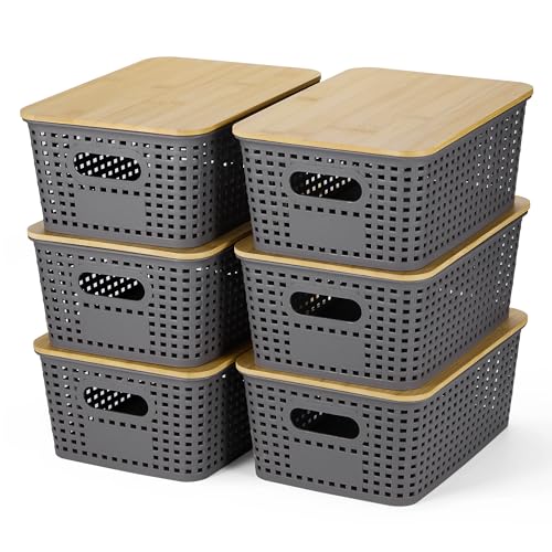 Plastic Storage Baskets With Bamboo Lid - Plastic Storage Containers Stackable Storage bins: Storage Baskets for Organizing Shelves Drawers Desktop Closet Playroom Classroom Office, 6 Pack, Gray - color: Gray