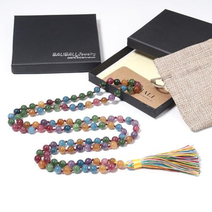 8MM Beads Chakra Long Mala Necklace Natural Stone Meditation Statement Necklace Japa Yoga Buddhist Rosary Prayer Charm Beaded Tassel Necklace - color: Tourmaline