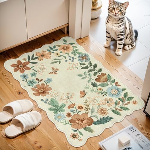 Lahome Floral Small Rug, 2X3 Kitchen Rugs Non Slip Washable Rug Ultra-Thin, Soft Front Door Mat Indoor Entrance Stain Resistant Boho Low-Pile Entry Carpet for Bathroom Bedroom Flore (2x3ft,Beige) - color: Beige, size: 2' x 3' (Rectangular)