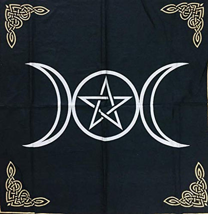 Indian Consigners Altar Cloth Triple Moon Pentagram Triquetra Witchcraft Alter Tarot Spread Top Cloth Wiccan Square Spiritual 24 by 24 Sacred (Triple Moon Pentagram Triquetra Silver) - size: 24" x 24" (Square)