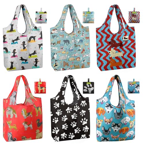BeeGreen Dog Reusable Shopping Bags Cute Grocery Bag 6 Pack, Christmas Gift Bags Heavy-Duty Foldable Shopping Totes for Supermarket, Work & Travel, Large Washable Polyester Tote Bag with Handles - color: Dog-Grey, light blue, red, black, blue