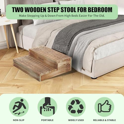 Wooden 2 Step Stool for High Beds, Moderate & Applicable 2-Step Stools for Seniors, Solid Wood steppingStool, Built-in Handle for Easy Carrying, 25.6" W - size: 25.6" W