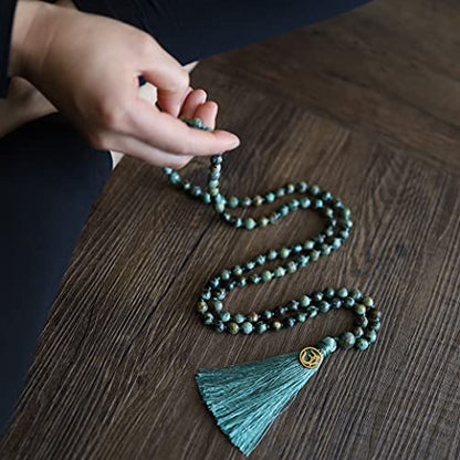 COAI OM Charm Hand Knotted Tassel 108 Mala Beads Necklace - color: Faceted African Turquoise, size: 8mm