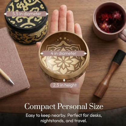 Tibetan Singing Bowl Set – Easy to Play & Beginner Friendly Meditation Bowl with Cushion, Mallet & Case | Stress Relief & Mindfulness | Gift-Ready - color: Matte Gold, size: With Case