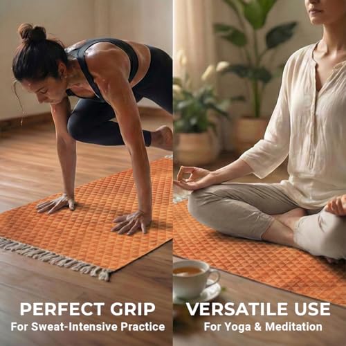 VINYASA Handwoven Cotton Yoga Rug Mat – Naturally Dyed | Absorbent, Washable Yoga Mat/Fitness Rug, Hatha, Pilates & Meditation - Non-Slip Grip | Extra Long & Wide | Trikon Series - color: Marigold