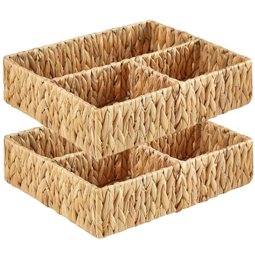 Vagusicc Wicker Divided Storage Basket, Hand-Woven Water Hyacinth Wicker Baskets, Basket for Drawer Organizing, 3 Section Rectangular Woven Storage Baskets, 2-Pack - color: Water Hyacinth, size: 3 Large Section