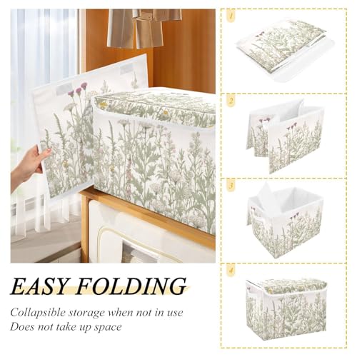 Kigai Collapsible Herbal Wildflowers Storage Basket with Lids and Handles,Storage Bins for Shelves Closet Bedroom,Office Storage