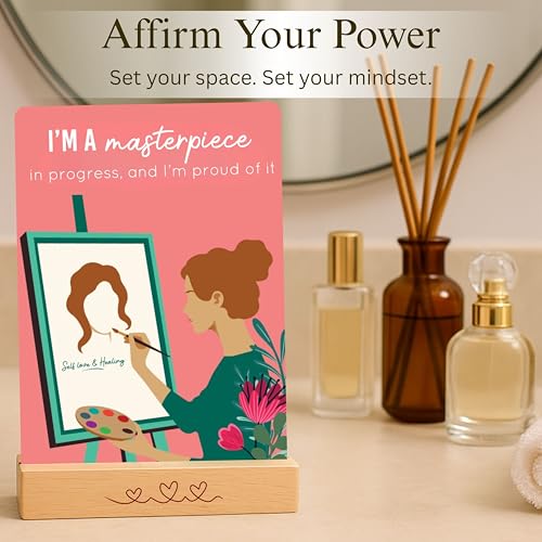 Affirmation Cards for Women – Bold & Beautiful Gift Set with 44 Daily Empowering Quotes + Wooden Stand – Self Love, Confidence, Motivation, Mindfulness
