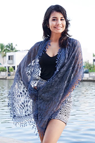 Cindy and Wendy Lightweight Soft Leaf Lace Fringes Scarf Bridal Veils shawl for Women - color: Navy