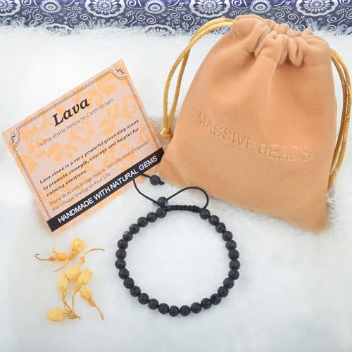 MASSIVE BEADS Handmade Yoga Natural Stone Crystal Healing Power Energy Gifts for Unisex Adult Bracelet Macrame Adjustable - color: Black Lava(Calm), size: 6mm