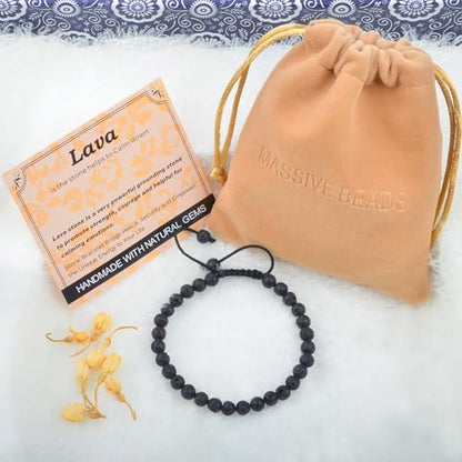 MASSIVE BEADS Handmade Yoga Natural Stone Crystal Healing Power Energy Gifts for Unisex Adult Bracelet Macrame Adjustable - color: Black Lava(Calm), size: 6mm