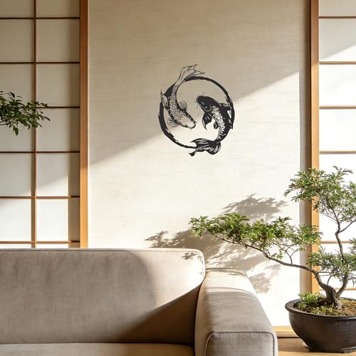 YATEASLU Yin Yang Koi Fish Metal Wall Art - Japanese Decor & Asian Wall Art with Zen Design, 11x13.2 Inch Black Iron Sculpture for Living Room, Bathroom & Yoga Room