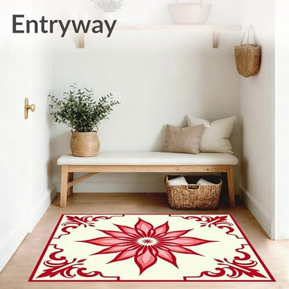 Flatwoven High Traffic Area Rug 5x7, Enchanted Lotus Blossom Meditation Yoga Healing Energy Throw, Non Slip, Stain Resistant, Washable Area Rugs for Living Room, Bedroom (Red, 5x7, Pad)