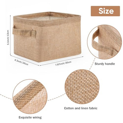 Small Storage Basket Bins Canvas Mini Storage Cubes Storage Basket for Makeup, Baby Toys Liners, Books Nursery Storage Baskets with Handles for Shelves & Desks (3 Jute Gray)