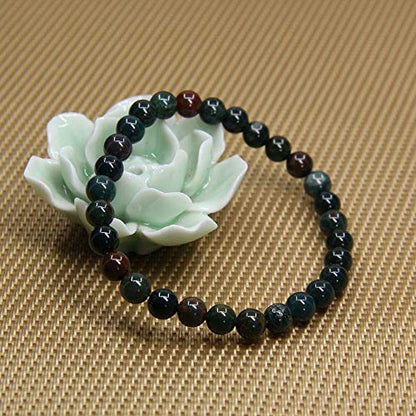 Angelstones Handmade Natural Healing Gemstone 6mm Round Beads Stretch Crystal Bracelet 7 Inch Unisex - color: Green Bloodstone Heliotrope