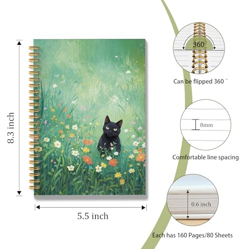 ROXMART Black Cat Wildflower Field Spiral Notebook, Black Cat Gifts Journal, Gifts for Cats Lovers, Rustic Floral Cute Kitty Kitten Hardcover Notebook Journal, 5.5x8.3 Inch - color: Style06