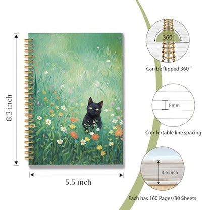 ROXMART Black Cat Wildflower Field Spiral Notebook, Black Cat Gifts Journal, Gifts for Cats Lovers, Rustic Floral Cute Kitty Kitten Hardcover Notebook Journal, 5.5x8.3 Inch - color: Style06