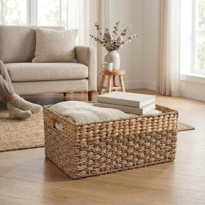 Large Wicker Storage Baskets with Handles, Natural Seagrass and Hyacinth Woven Storage Basket for Organizing Shelves, Closet, Pantry, Living Room, 17 x 11 x 7.5 Inches - size: Large - 17" x 11" x 7.5" in.