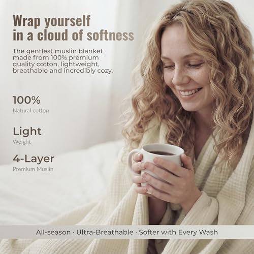 4-Layer Muslin Cotton Queen Bed Blanket (90 x 90 inches) – Ultra Soft Breathable Gauze, Lightweight All-Season Cozy Blanket, Machine Washable – Beige - color: Beige, size: Queen (90 x 90 inches)