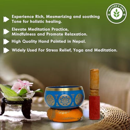 Nature's Own Tibetan Singing Bowl Set- Easy to Play- Meditation Sound Bowl Handcrafted in Nepal for Yoga, Mindfulness, Chakra Healing, Stress Relief- Spiritual Gifts for Women and Men (3.5 Inch, Blue)