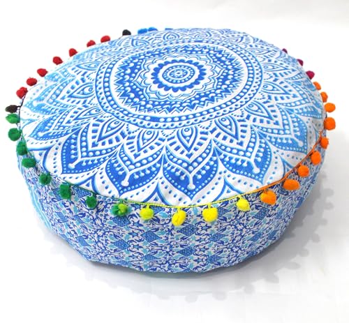 CRAFT KALA 24" Round Large Hippie Mandala Meditation Floor Ottoman Pillow Cushion Pouf Cover Square Poufs Bohemian Circle Floor Cushion Case Outdoor Fireplace Yoga Living Room Decor Cover Blue Ombre - color: Blue and White, size: 24"D x 24"W x 5"H