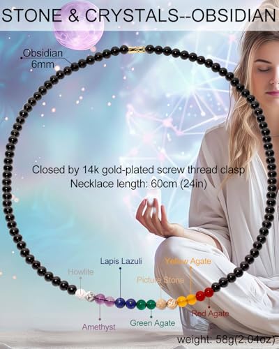 Reiki 7 Chakra Obsidian Beaded Necklace Protection Spiritual Crystals Meditation Yoga Necklaces for Women and Men Good Luck Jewelry - size: 24in