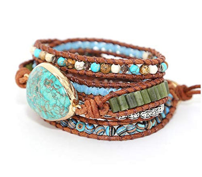 Boho Wrap Bracelet for Women, Handmade Natural Imperial Jasper Multi-Layer Stone Beaded Bracelet, Bohemian Healing Crystal Stone Jewelry Gifts - color: Green Opal