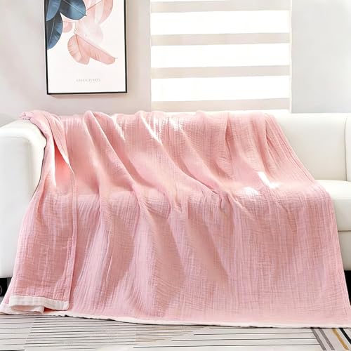 100% Cotton Muslin Blanket 60"x80", Pink Throw Blankets for Couch Bed Sofa Chair, 4-Layer Soft Cozy Quilt Travel Blanket, Farmhouse Decor,All Seasons - color: Pink