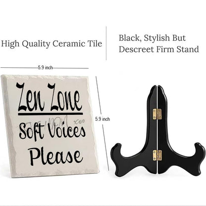 Ceramic decorative Zen Zone soft voices please ceramic desktop ornament with wooden stand. Suitable for office desks, tables, and bookshelves 5.9x5.9inch