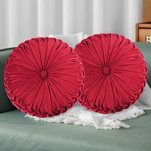 HIG Set of 2 Red Ruched Velvet Round Throw Pillows – 14.5’’ Decorative Pillows with Soft Polyester Filling for Couch, Bed, Living Room, Bedroom, or Dorm – Handmade, Stress Relieving, All-Season - color: R-red