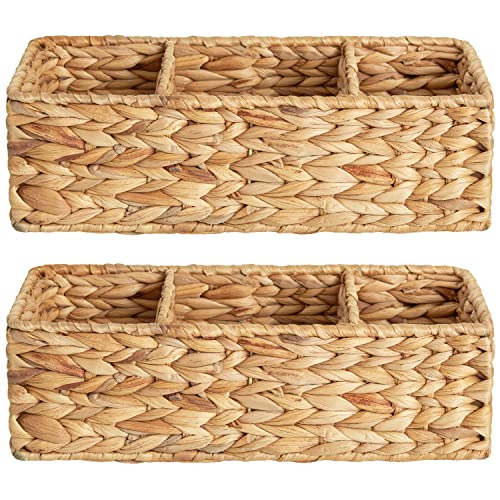StorageWorks Wicker Basket Tank Topper, Wicker Storage Basket for Shelves, Toilet Paper Basket for Back of Toilet Tank Top, 3-Section Water Hyacinth Storage Baskets, 2-Pack - color: Natural(Water Hyacinth), size: 14¼"l x 6"w x 4¼"h