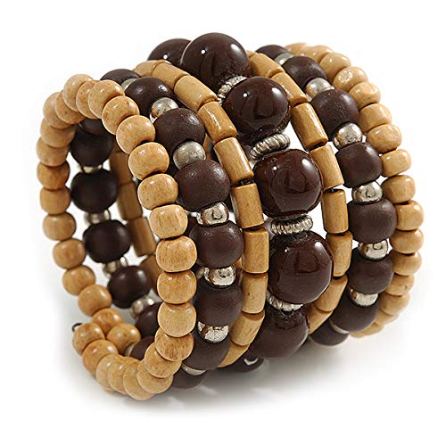 Avalaya Wide Coiled Ceramic, Acrylic, Wood Bead Bracelet (Brown, Natural) - Adjustable