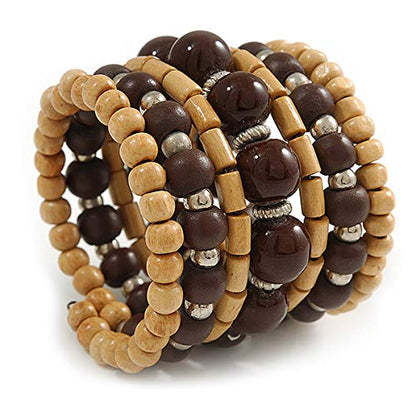 Avalaya Wide Coiled Ceramic, Acrylic, Wood Bead Bracelet (Brown, Natural) - Adjustable