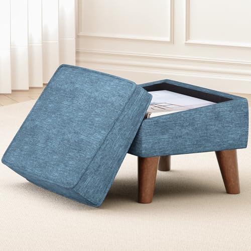 FAGAGA Small Footstool Ottoman with Storage, Ottoman Foot Rest, Modern Foot Stool with Adjustable Lid and Sturdy Wood Legs for Living Room, Bedroom, Couch, Enterway, Blue - color: Blue, size: 11.8"D x 15.8"W x 11.3"H