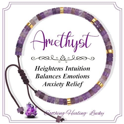 CASDAN Natural Crystal Beaded Bracelet for Women Natural Stone Adjustable Braided Rope Bracelets Spiritual Bracelet Inspirational Gifts - color: Amethyst