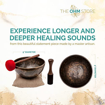Large Tibetan Singing Bowl Set by Ohm Store — Saturn Pure Bronze Meditation Sound Bowl 9 Inches, 2 Mallets and a Cushion — Handcrafted Nepali Sound Bath Instrument (Saturn) - color: Saturn