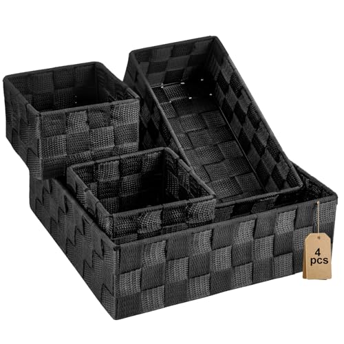 Small Black Baskets, 4 Piece Multi Size Black Woven Baskets with Metal Frame, Closet Shelf Dresser Bathroom Storage, Vanity Drawer Bedroom Office Organization