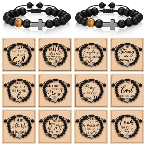 12 Set Christian Cross Bracelets Bulk Religious Cross Beaded Bracelet for Women Men 12 Natural Beaded Stuffs Inspirational Cards Envelope Christian Jewelry Faith Gift(Chic Style,Black) - color: Black, size: Chic Style