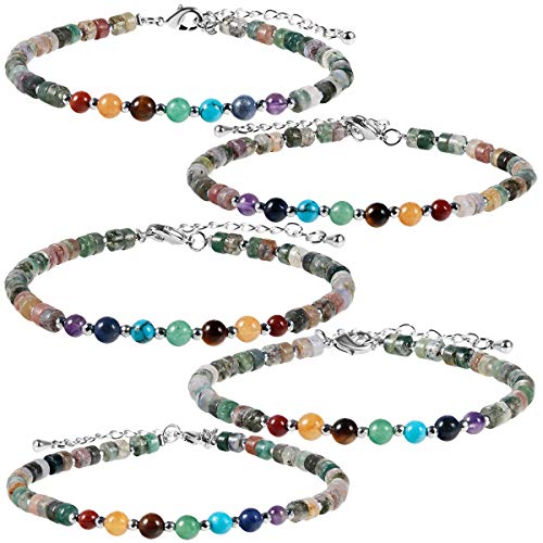 TUMBEELLUWA 7 Chakra Crystal Stone Beads Bracelet for Women Adjustable Flat Beaded Link Bangle for Healing