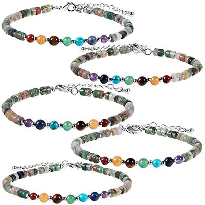 TUMBEELLUWA 7 Chakra Crystal Stone Beads Bracelet for Women Adjustable Flat Beaded Link Bangle for Healing