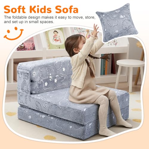 MeMoreCool Kids Floor Mattress Glow in The Dark, Convertible Sofa Couch, Folding Futon Chair Bed for Kids Playroom (Glowing Dinosaur) - color: Dinosaur