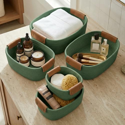 Beautiful Storage Basket Set of 5 - Sturdy Cotton Rope Baskets for Shelves Are Perfect for Organizing Your Home - Quality Storage Bins Easily Fit With Any Nursery or Bedroom Decor - color: Sage
