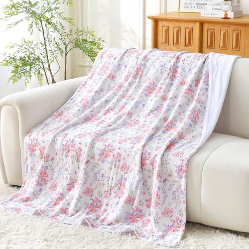 Viviland Cotton Muslin Blanket Reversible Fleece Blanket Lightweight Breathable Gauze King Size Blanket 108 x 90 Inches, Pink Purple Flowers - color: Pink Purple Flowers, size: King Size (90 X 108 Inches)
