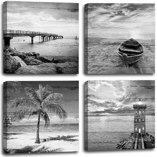 Yxbhhym- Black and White Beach Wall Art Seascape Scenery Canvas Wall Picture Print Sea Palm Poster Painting Office Décor Bedroom Bathroom Wall Art Living Room Home Kitchen Wall Decoration Framed - color: Ac black white beach, size: 12"L x 12"W x 4 pcs