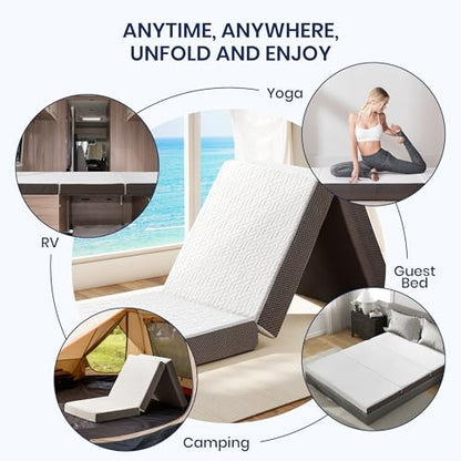 Hanherry 4 Inch Foldable Mattress Queen Size, Tri-Folding Portable Memory Foam Topper Floor Bed with Storage Bag, Washable Cover for Travel, Camping, RV, Guest - size: Queen (79 × 59 inch)