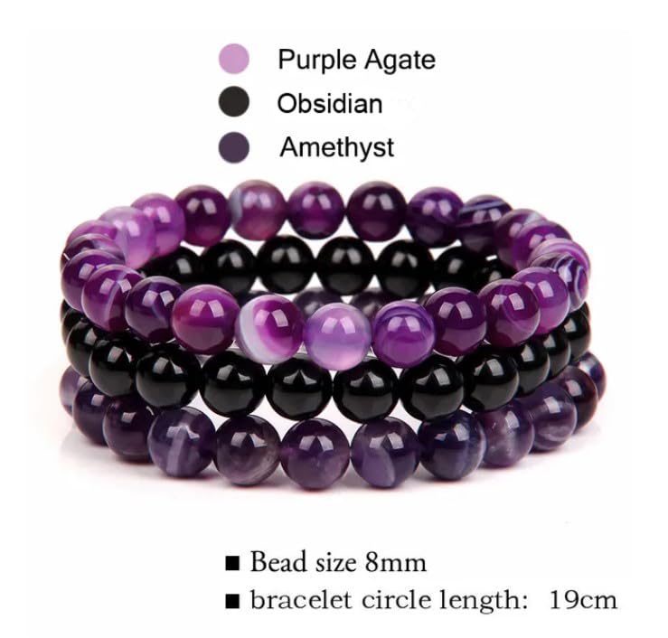 WFJ Black Obsidian Hematite Triple Protection Bracelets Set - Tiger Eye Beaded Natural Stone Bracelet for Men Women Gemstone (10MM) - color: Amethyst Set