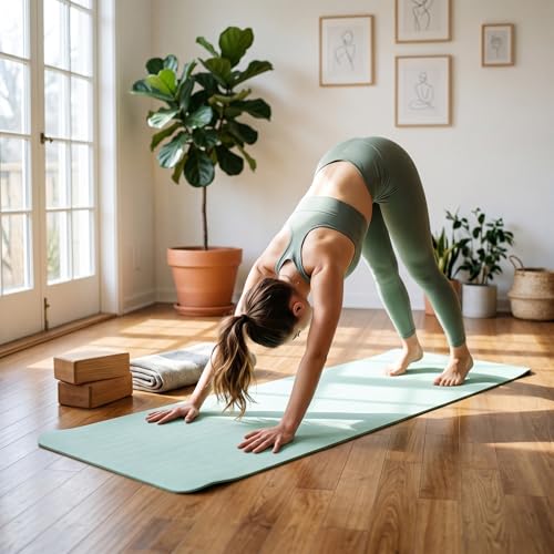 TPE Yoga Mat with Hanging Holes, Wall Mount Workout Mat, Shock Absorbent Fitness Pad for Home Gym, Pilates & Meditation - color: green